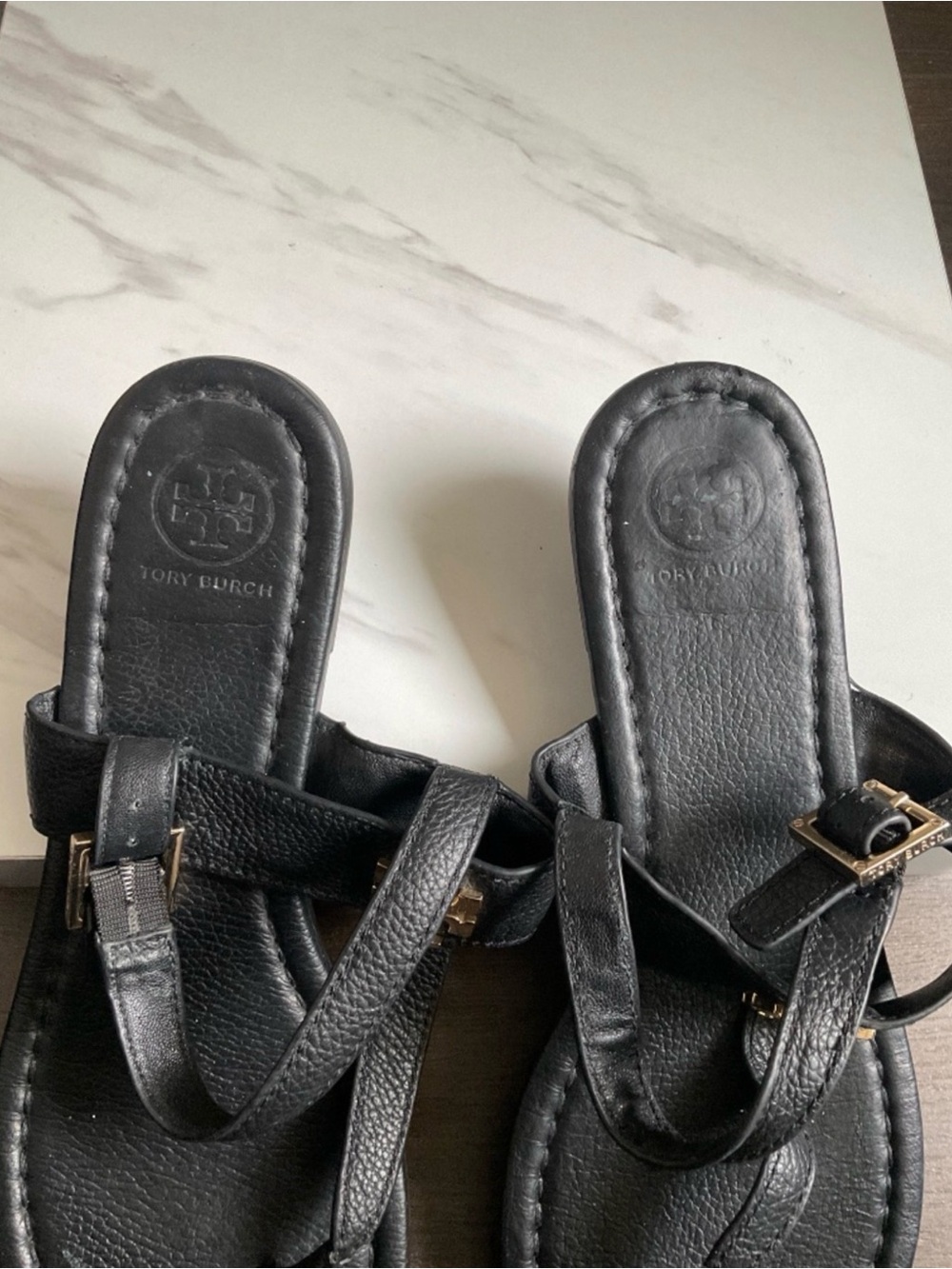 Tory Burch Black Leather Strappy Slide Sandals with Gold Buckle